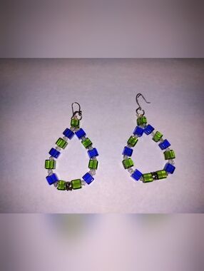 Handmade Blue and Green Cube Bead Teardrop Earrings